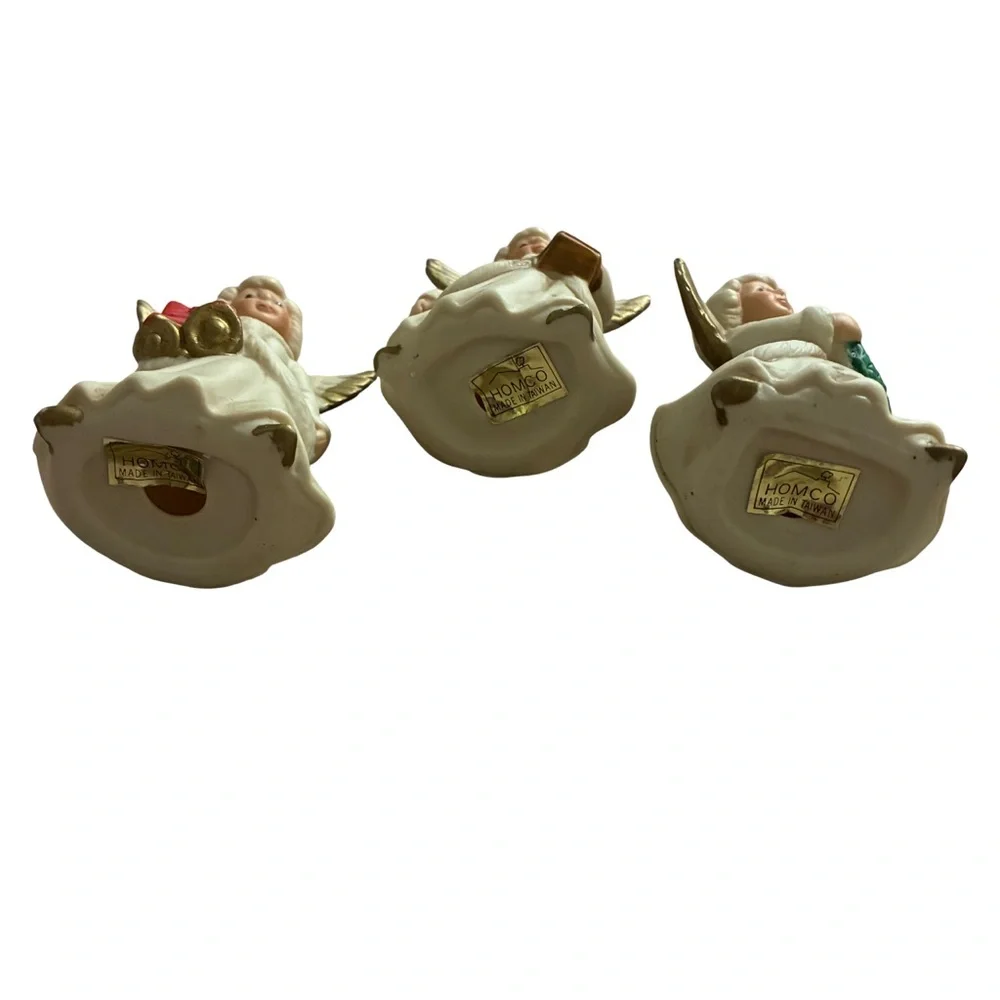 Vintage HOMCO Porcelain Angel Trio Christmas Ornaments 1960’s Ivory & Gold